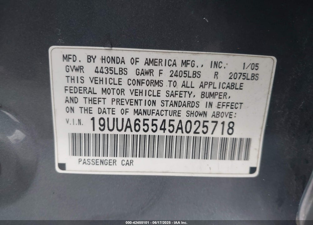 2005 ACURA TL VIN: 19UUA65545A025718