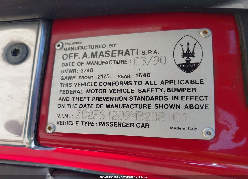 1991 CHRYSLER TC BY MASERATI VIN: ZC2FS1209MB208101