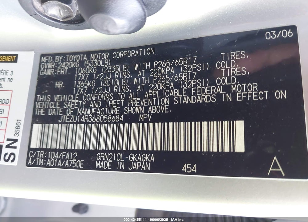 2006 TOYOTA 4RUNNER VIN: JTEZU14R368058684