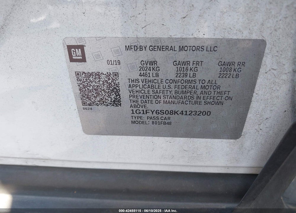 2019 CHEVROLET BOLT EV LT VIN: 1G1FY6S08K4123200