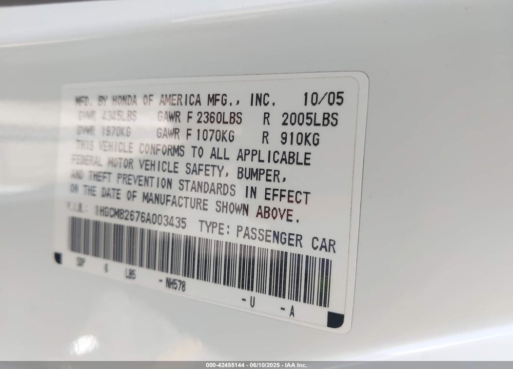 2006 HONDA ACCORD VIN: 1HGCM82676A003435