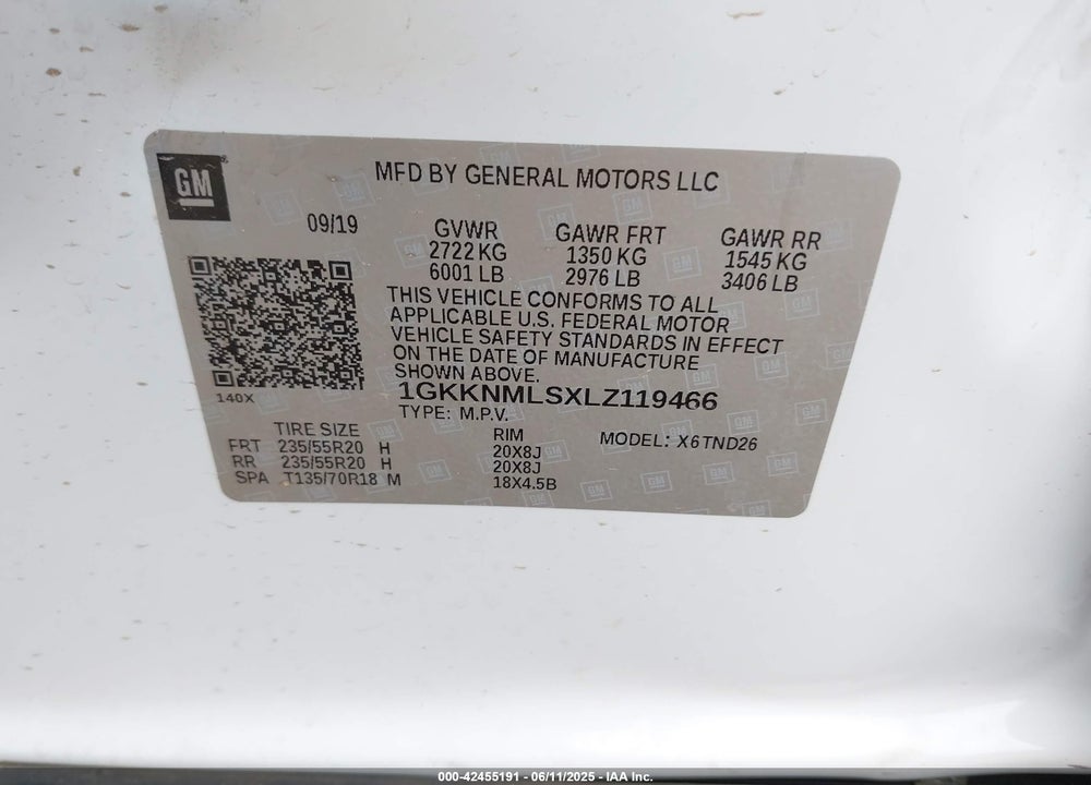 2020 GMC ACADIA VIN: 1GKKNMLSXLZ119466