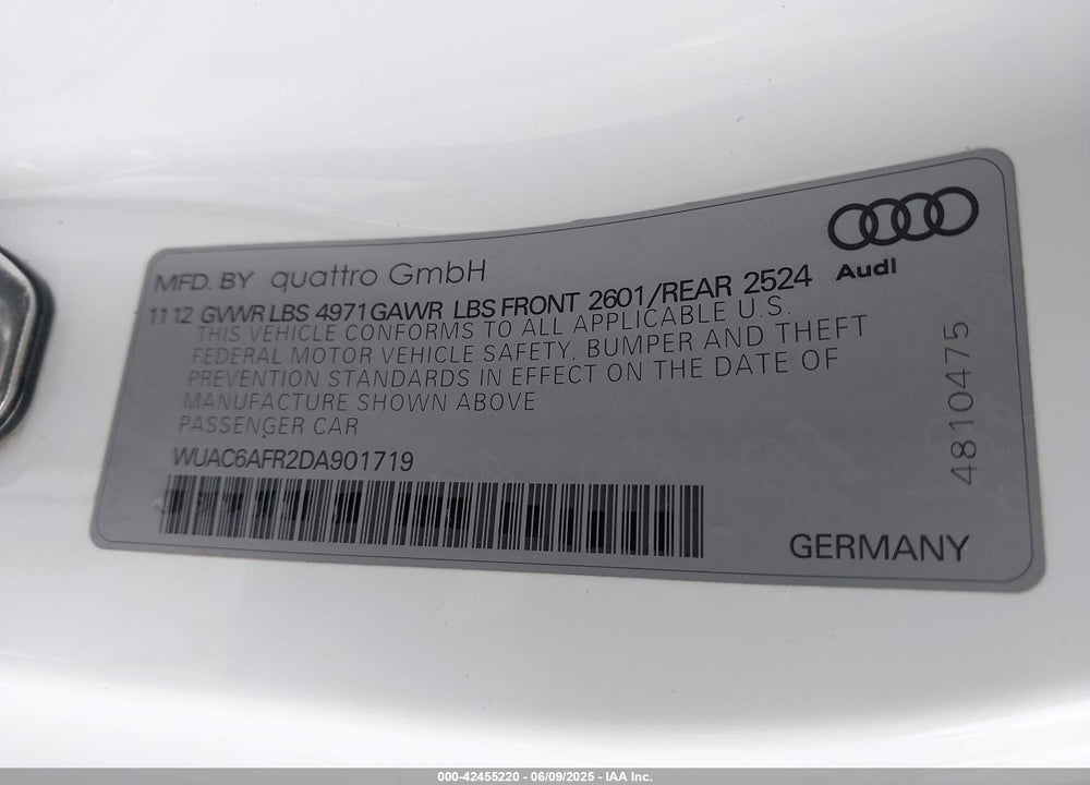 2013 AUDI RS 5 4.2 VIN: WUAC6AFR2DA901719