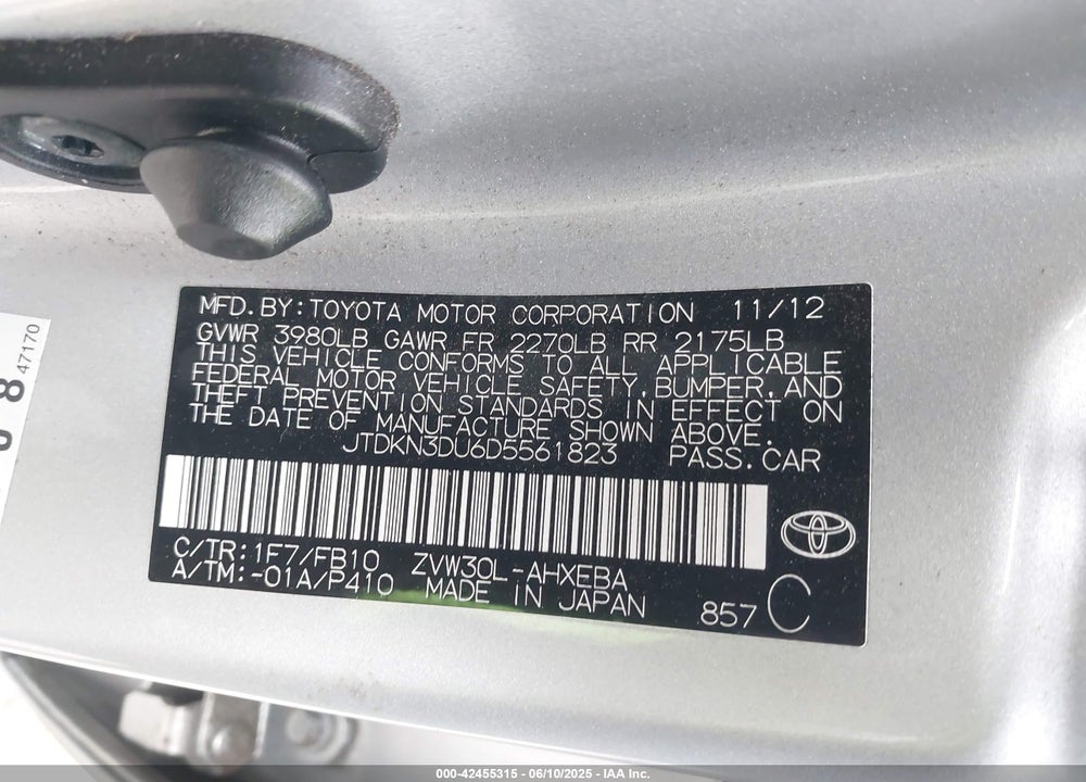 2013 TOYOTA PRIUS THREE VIN: JTDKN3DU6D5561823