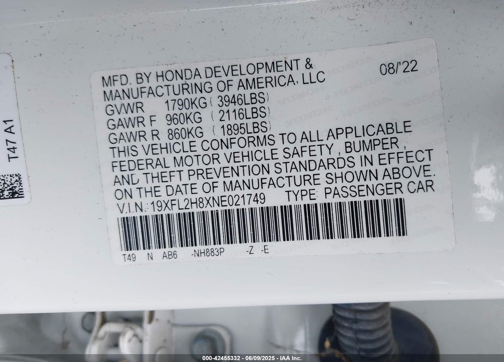 2022 HONDA CIVIC SPORT VIN: 19XFL2H8XNE021749