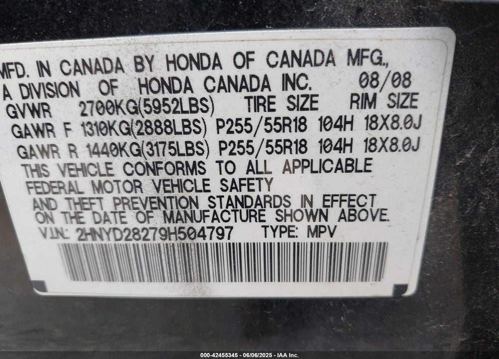 2009 ACURA MDX VIN: 2HNYD28279H504797