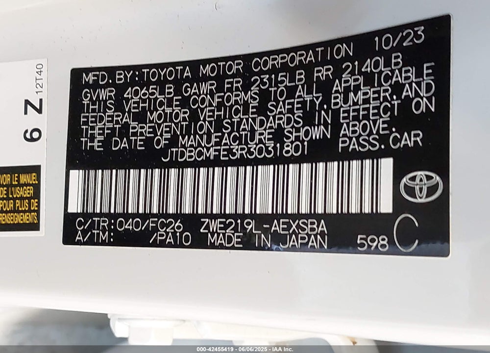 2024 TOYOTA COROLLA VIN: JTDBCMFE3R3031801