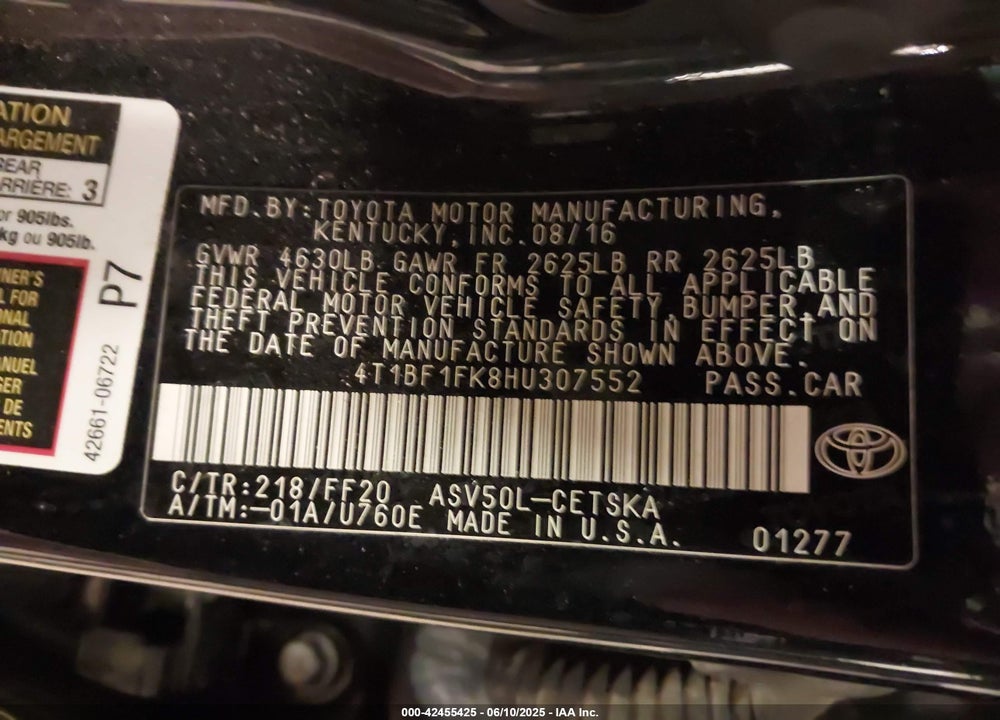 2017 TOYOTA CAMRY VIN: 4T1BF1FK8HU307552