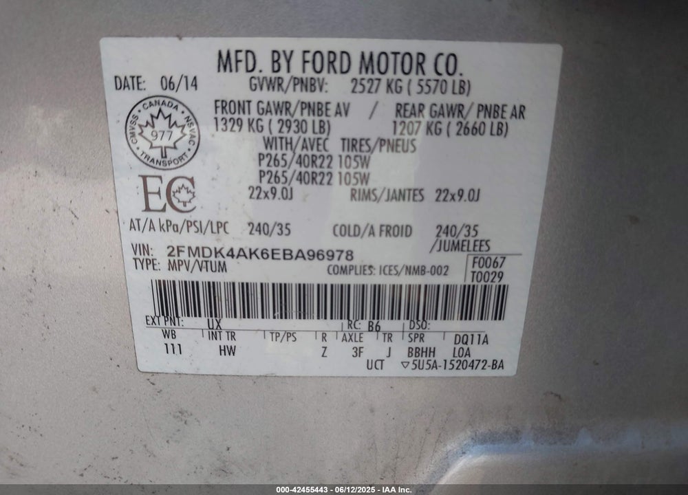 2014 FORD EDGE SPORT VIN: 2FMDK4AK6EBA96978