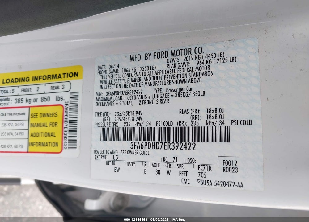 2014 FORD FUSION SE VIN: 3FA6P0HD7ER392422