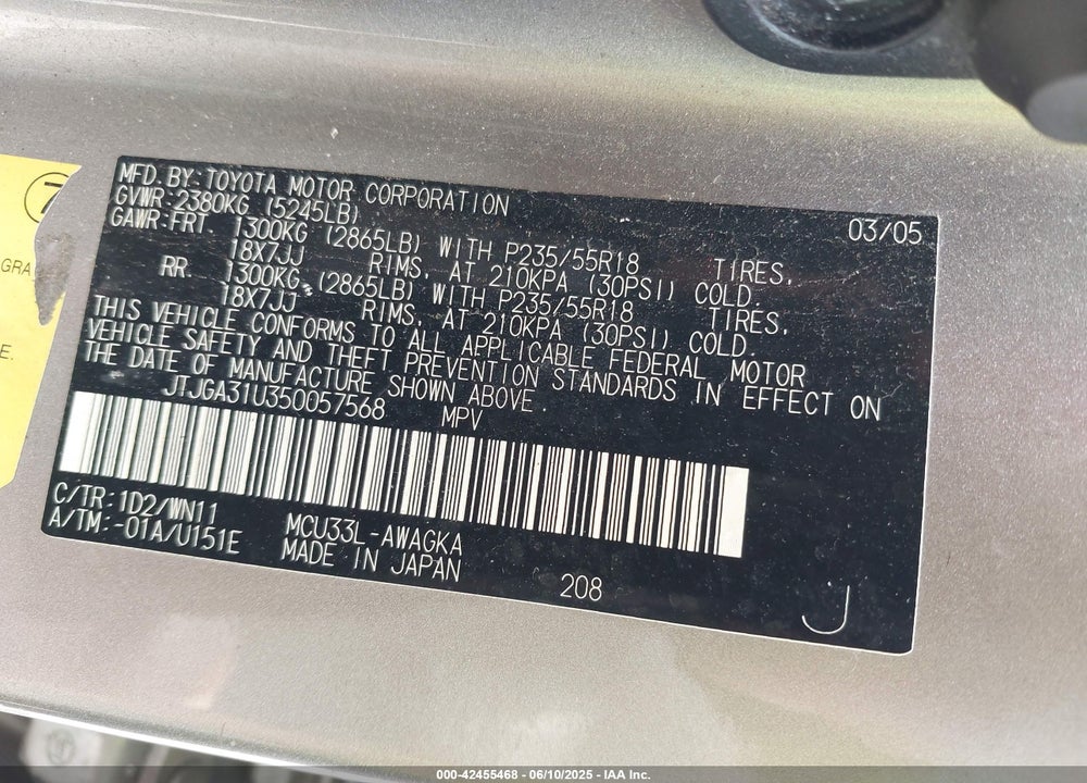 2005 LEXUS RX 330 VIN: JTJGA31U350057568