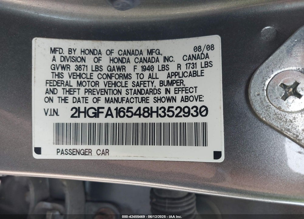 2008 HONDA CIVIC VIN: 2HGFA16548H352930