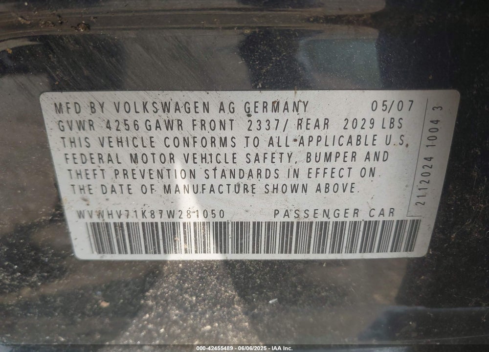 2007 VOLKSWAGEN GTI VIN: WVWHV71K87W281050