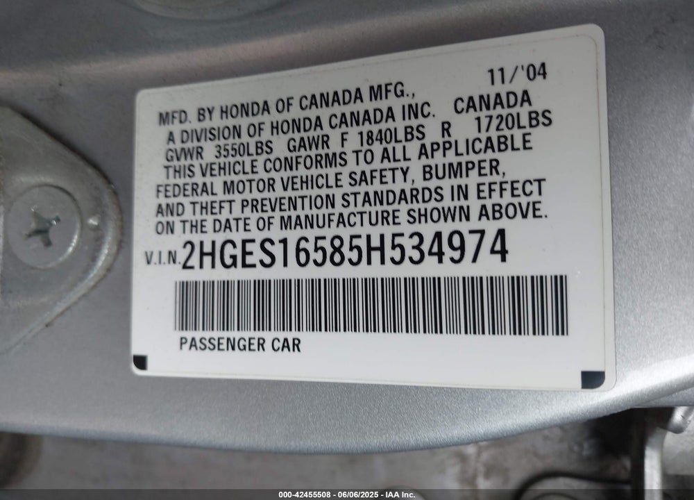 2005 HONDA CIVIC LX VIN: 2HGES16585H534974