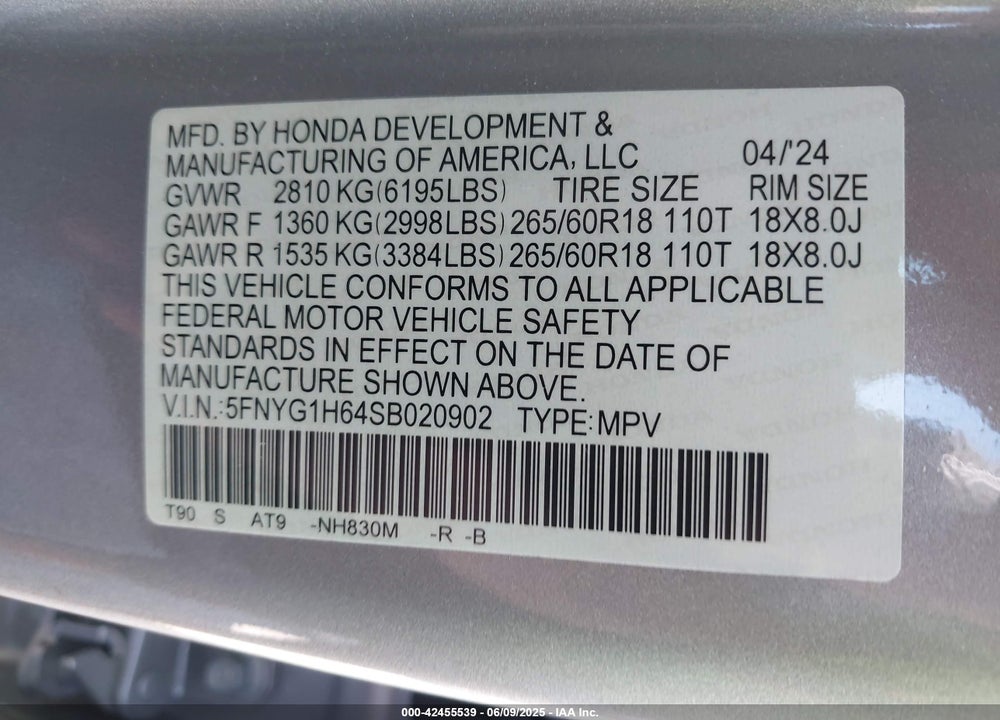 2025 HONDA PILOT TRAILSPORT VIN: 5FNYG1H64SB020902
