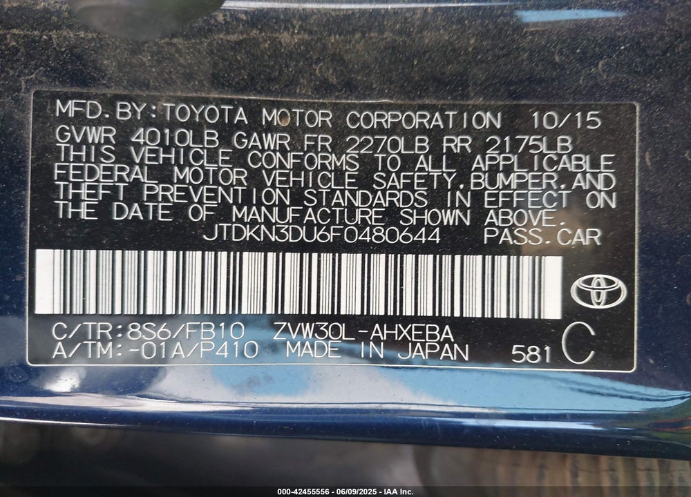 2015 TOYOTA PRIUS THREE VIN: JTDKN3DU6F0480644