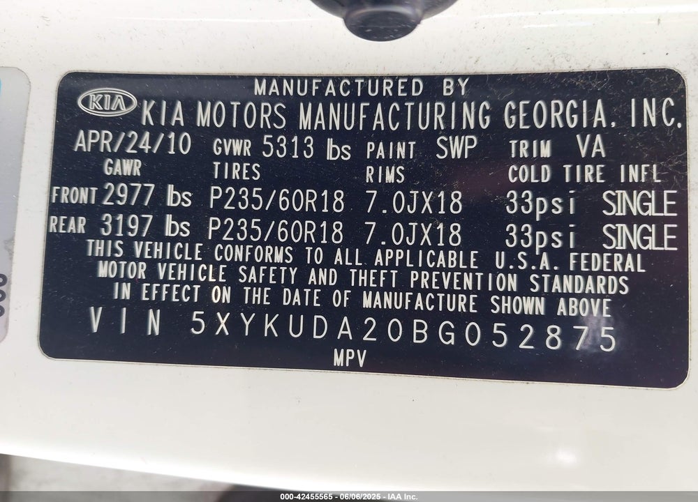 2011 KIA SORENTO EX V6 VIN: 5XYKUDA20BG052875