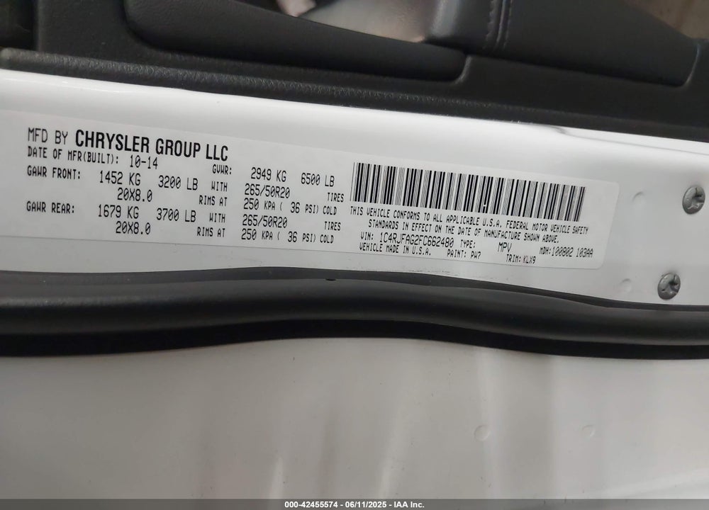2015 JEEP GRAND CHEROKEE VIN: 1C4RJFAG2FC662480