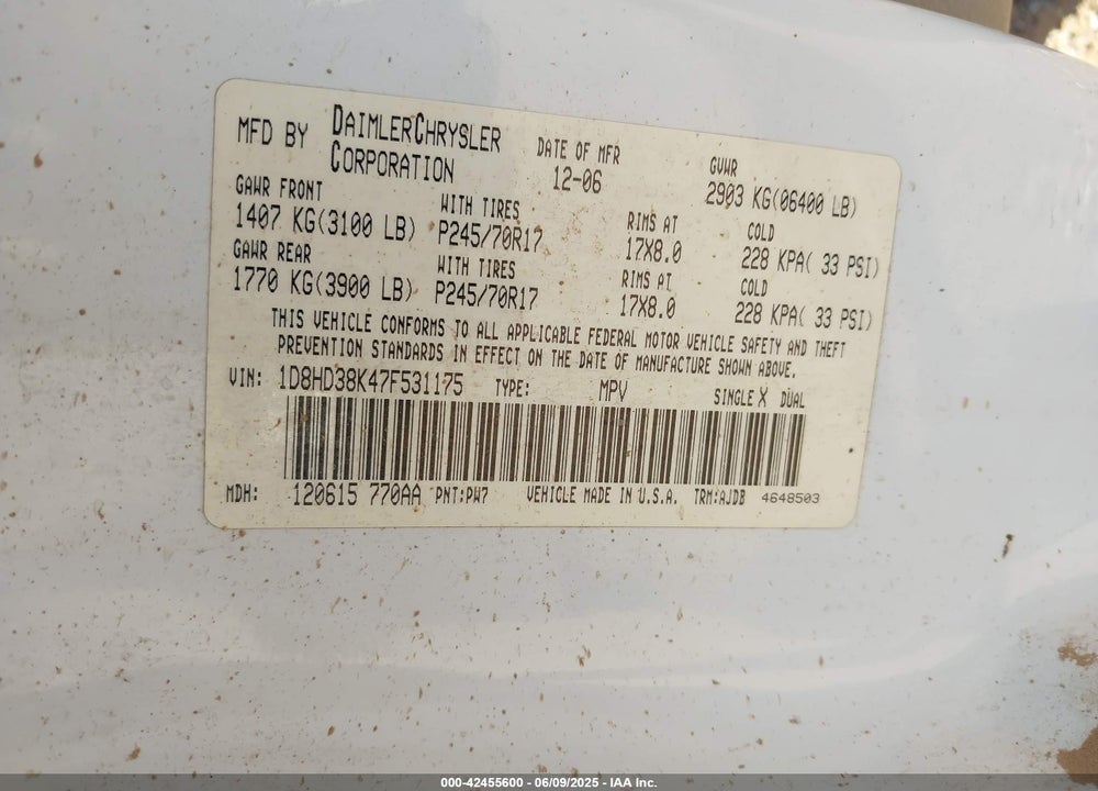 2007 DODGE DURANGO SXT VIN: 1D8HD38K47F531175