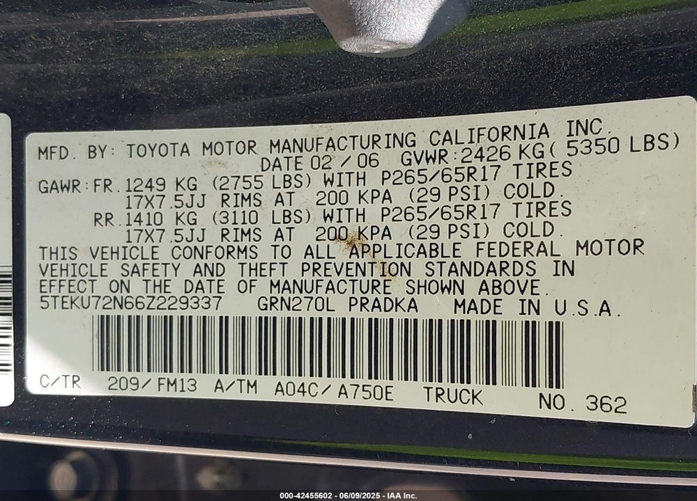 2006 TOYOTA TACOMA PRERUNNER V6 VIN: 5TEKU72N66Z229337