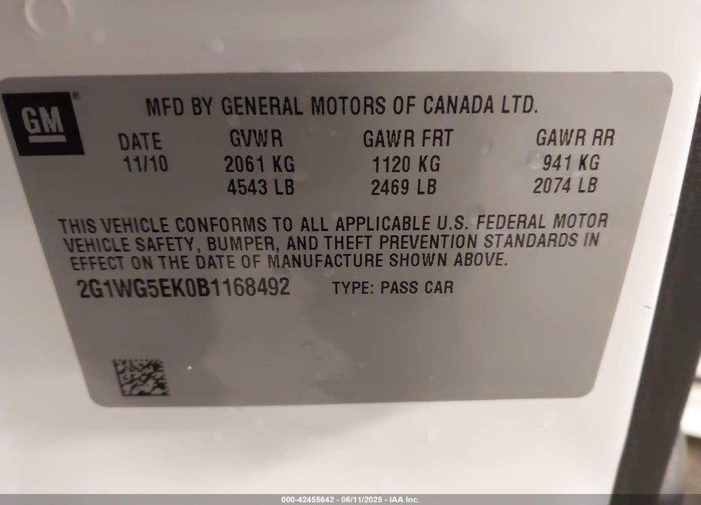 2011 CHEVROLET IMPALA VIN: 2G1WG5EK0B1168492