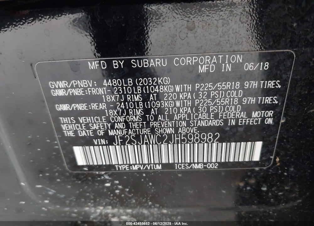 2018 SUBARU FORESTER VIN: JF2SJAWC2JH598982