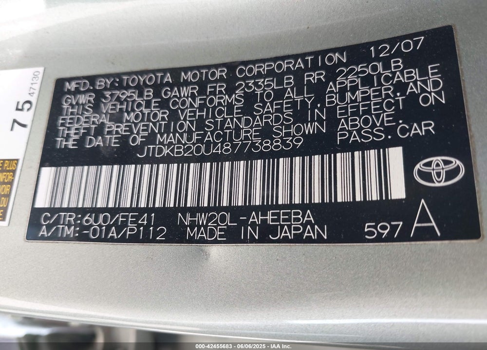 2008 TOYOTA PRIUS VIN: JTDKB20U487738839