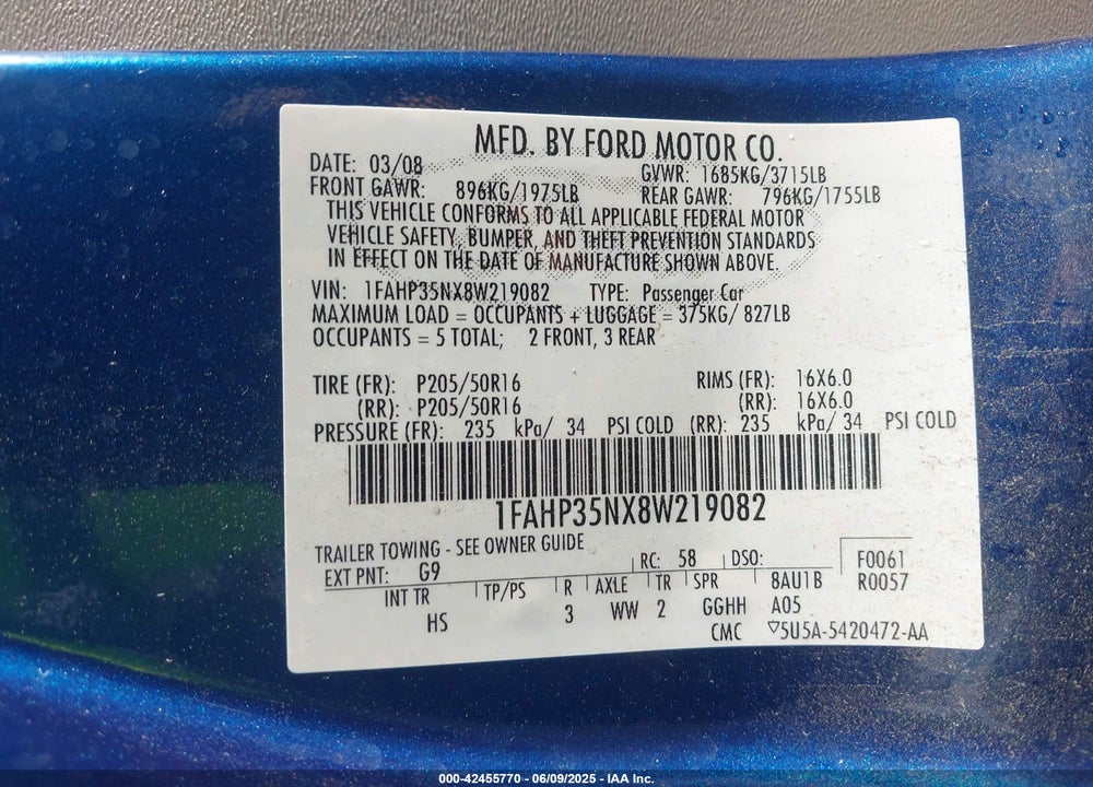 2008 FORD FOCUS SE/SES VIN: 1FAHP35NX8W219082