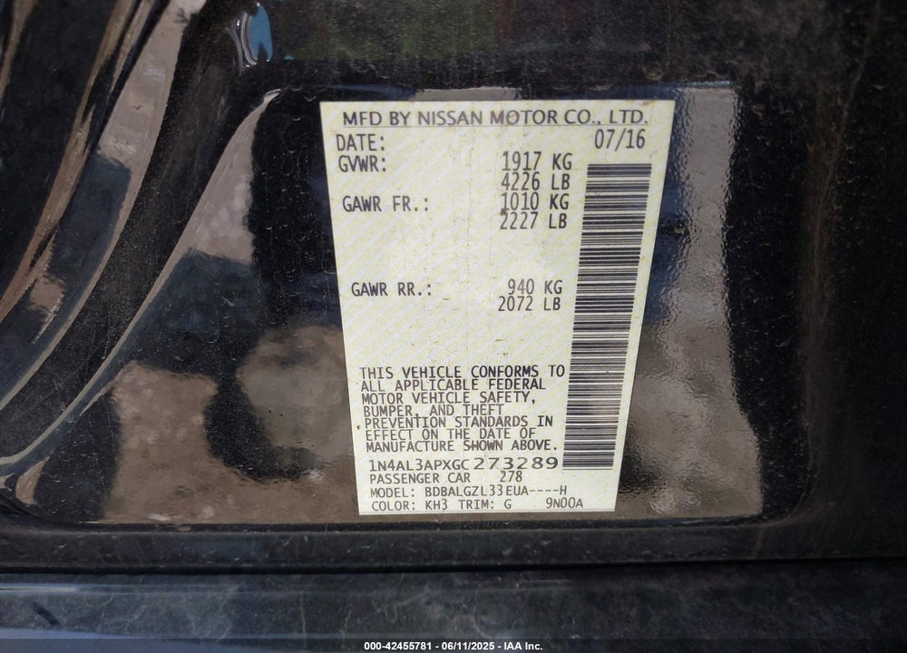 2016 NISSAN ALTIMA 2.5 S VIN: 1N4AL3APXGC273289