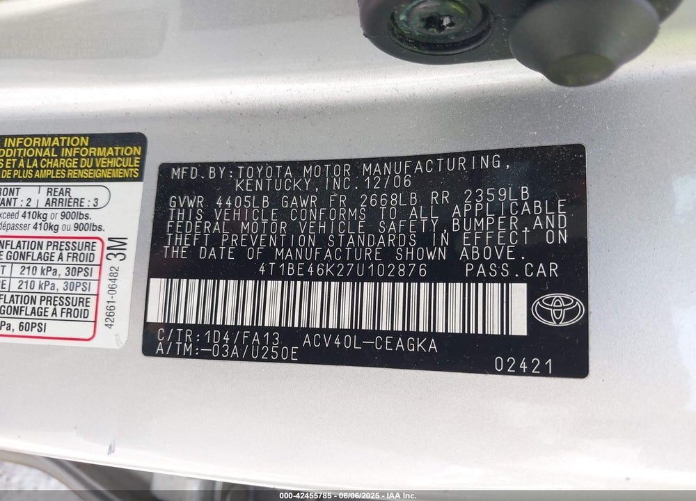 2007 TOYOTA CAMRY VIN: 4T1BE46K27U102876