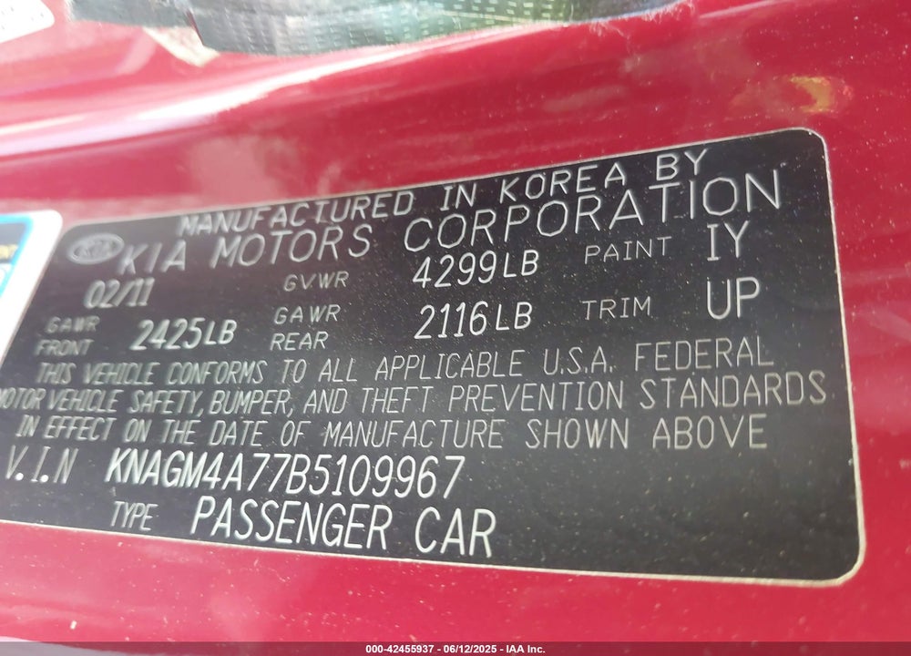 2011 KIA OPTIMA LX VIN: KNAGM4A77B5109967