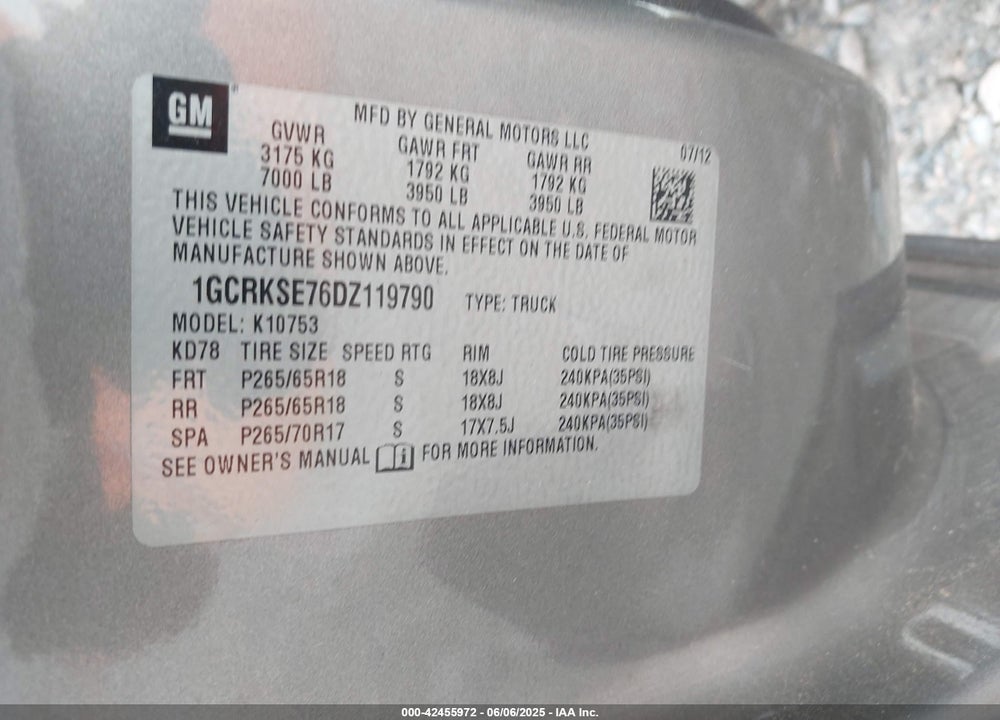 2013 CHEVROLET SILVERADO 1500 VIN: 1GCRKSE76DZ119790