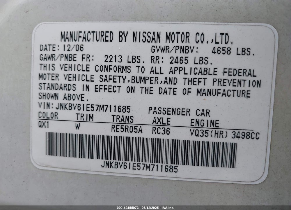 2007 INFINITI G35 JOURNEY VIN: JNKBV61E57M711685