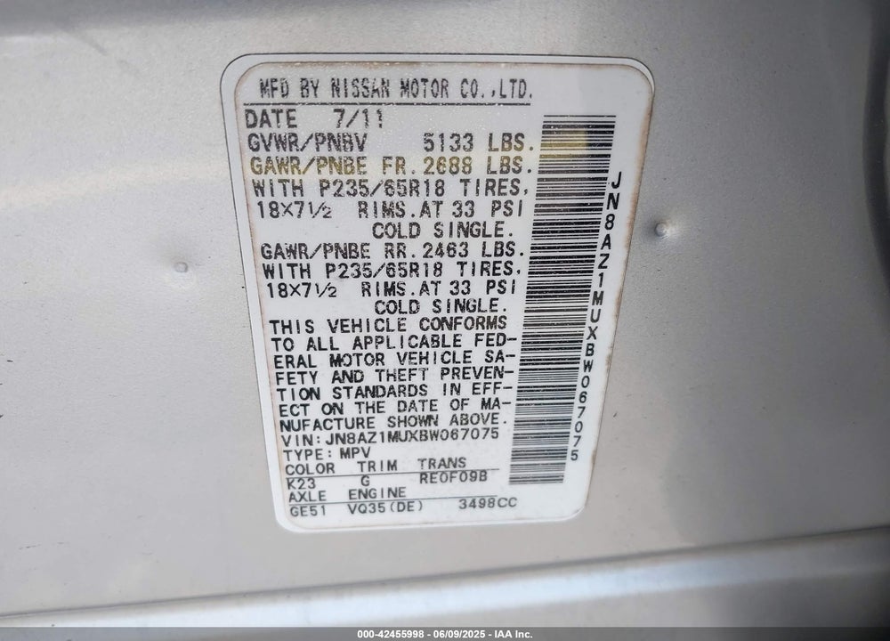 2011 NISSAN MURANO S VIN: JN8AZ1MUXBW067075