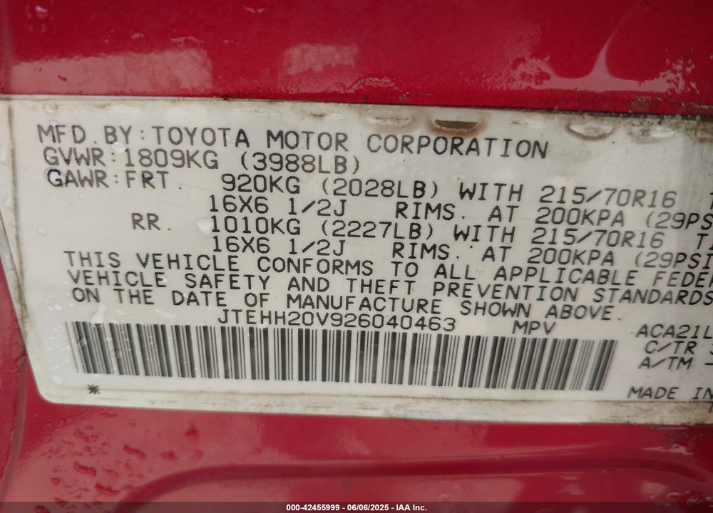 2002 TOYOTA RAV4 VIN: JTEHH20V926040463