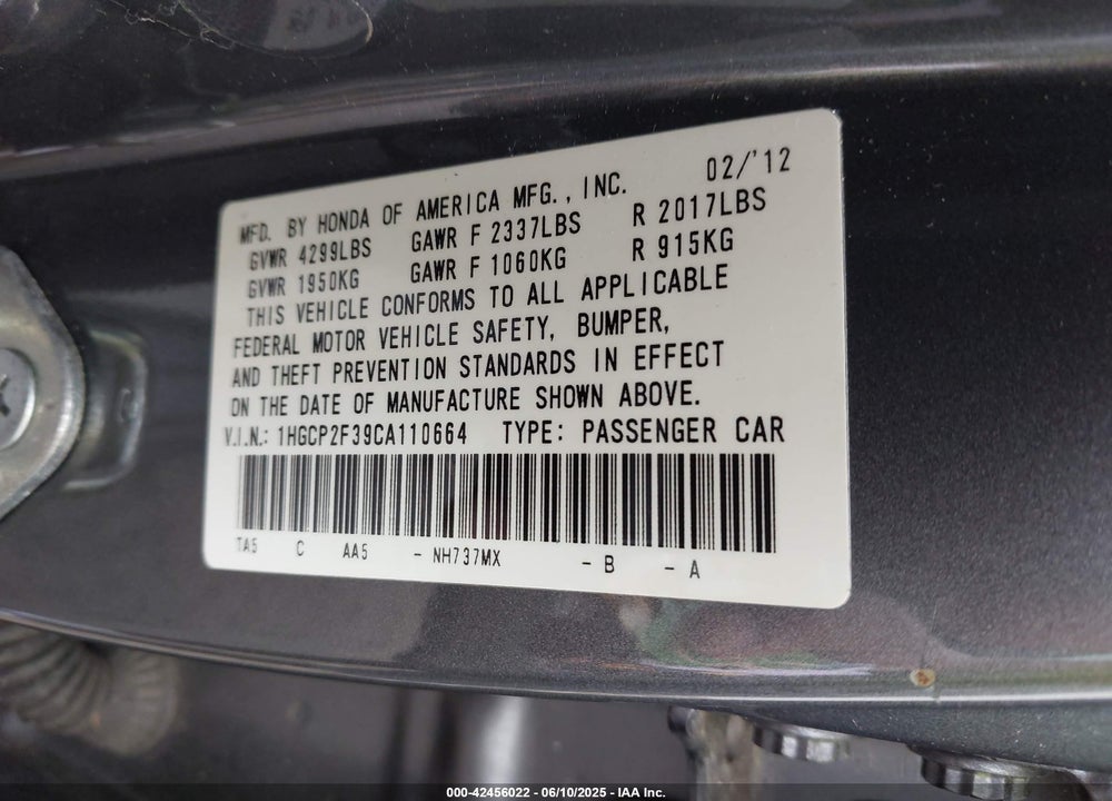 2012 HONDA ACCORD VIN: 1HGCP2F39CA110664