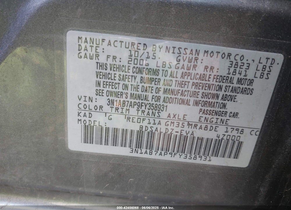 2015 NISSAN SENTRA SV VIN: 3N1AB7AP9FY358931