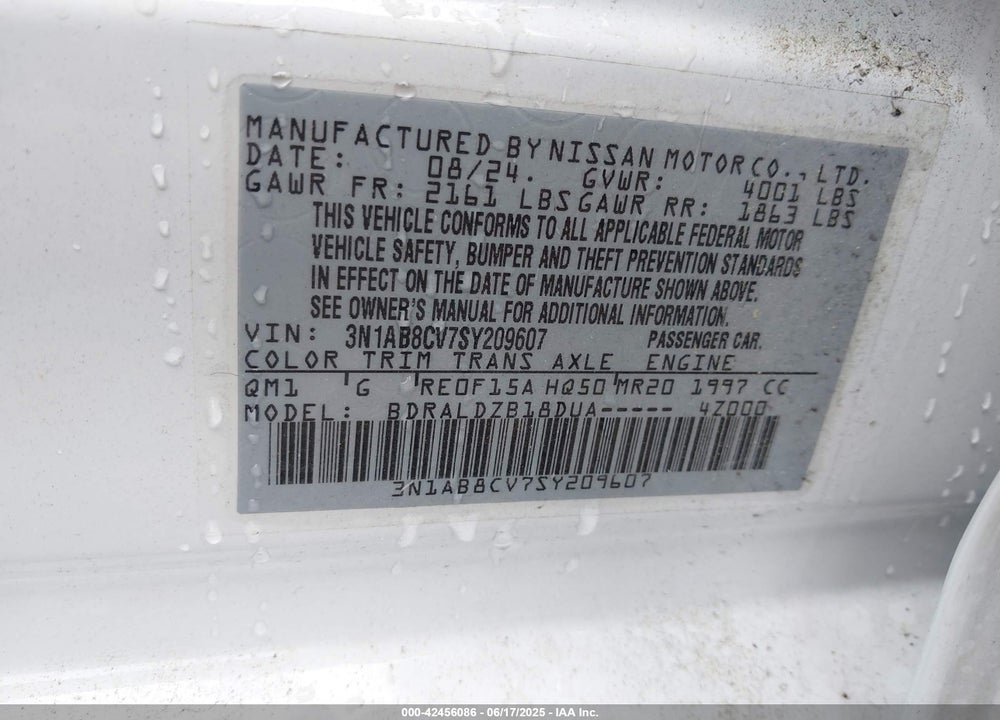 2025 NISSAN SENTRA SV VIN: 3N1AB8CV7SY209607