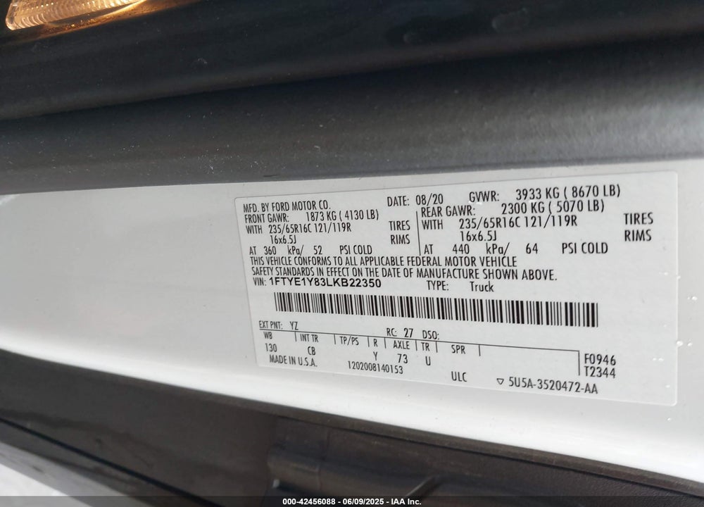 2020 FORD TRANSIT-150 VIN: 1FTYE1Y83LKB22350