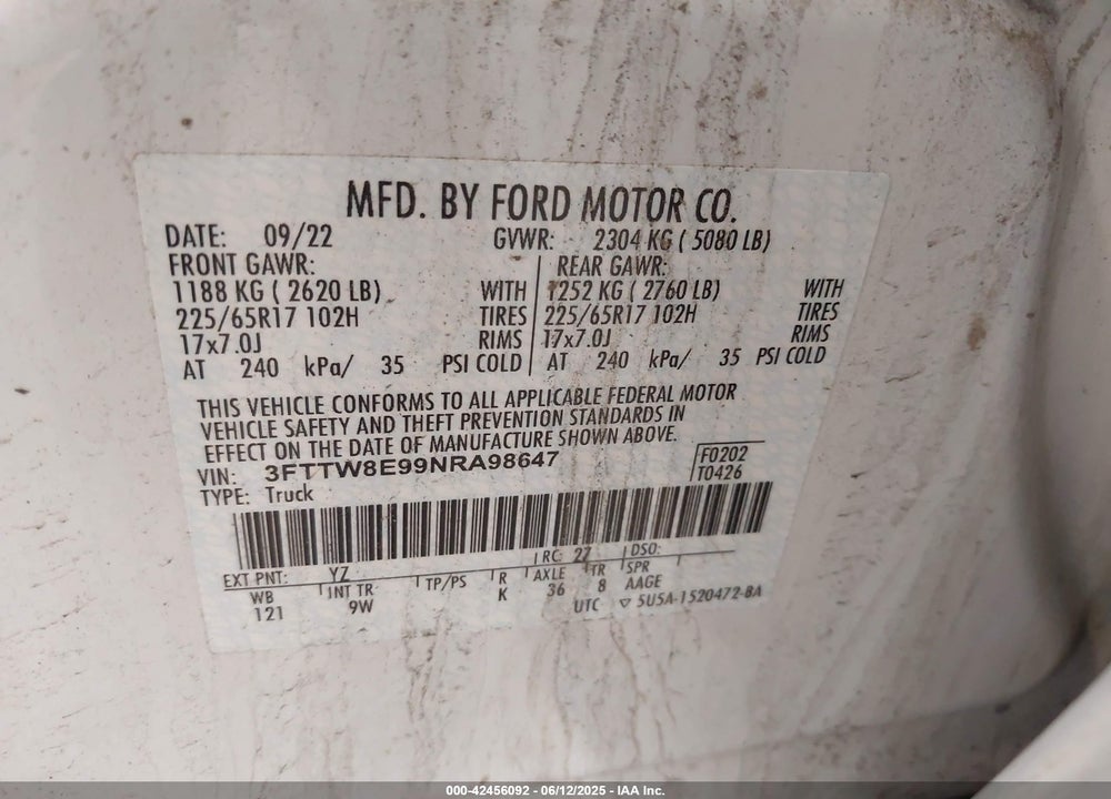 2022 FORD MAVERICK VIN: 3FTTW8E99NRA98647