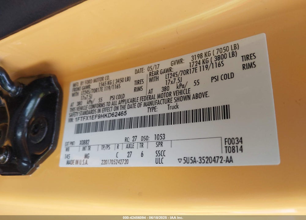 2017 FORD F-150 XLT VIN: 1FTFX1EF9HKD62465