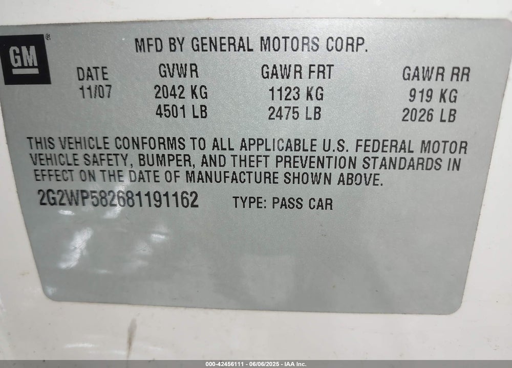 2008 PONTIAC GRAND PRIX VIN: 2G2WP582681191162