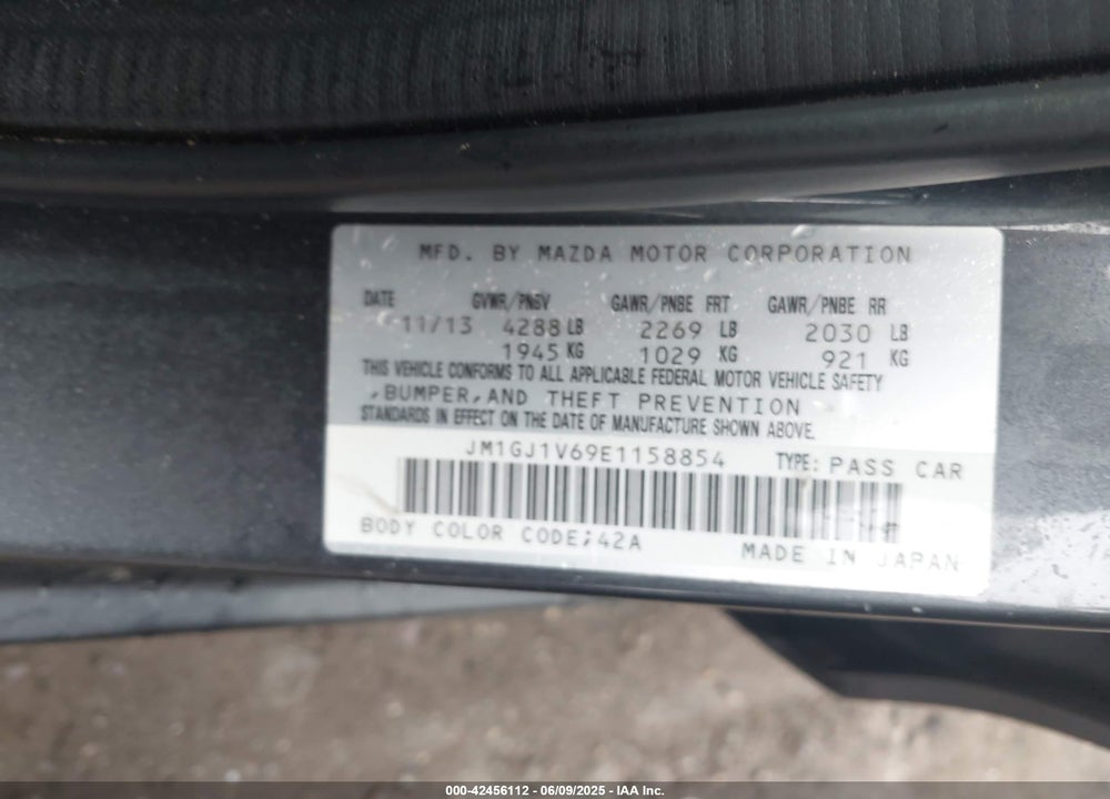2014 MAZDA MAZDA6 VIN: JM1GJ1V69E1158854