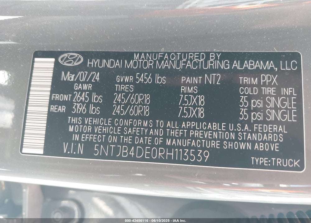2024 HYUNDAI SANTA CRUZ SEL VIN: 5NTJB4DE0RH113539