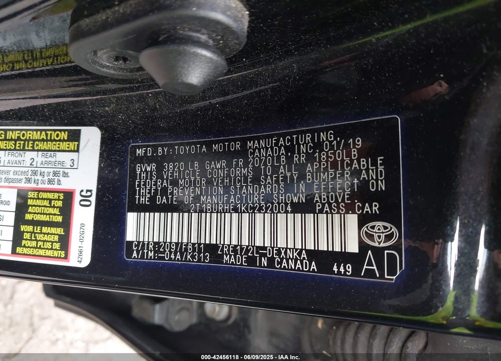 2019 TOYOTA COROLLA VIN: 2T1BURHE1KC232004