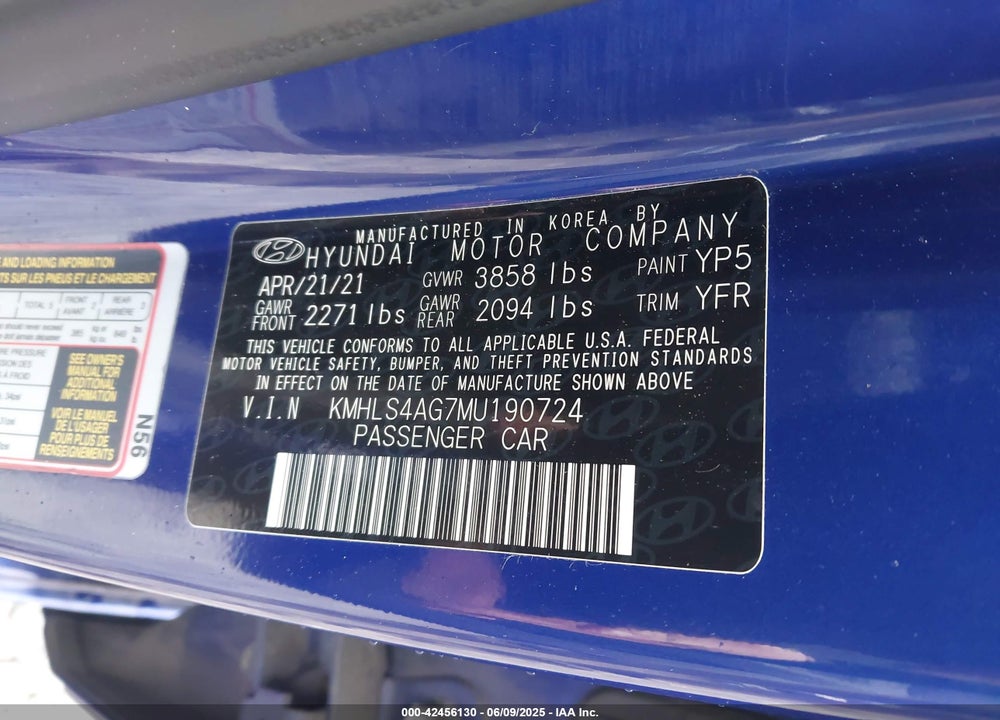 2021 HYUNDAI ELANTRA SEL VIN: KMHLS4AG7MU190724