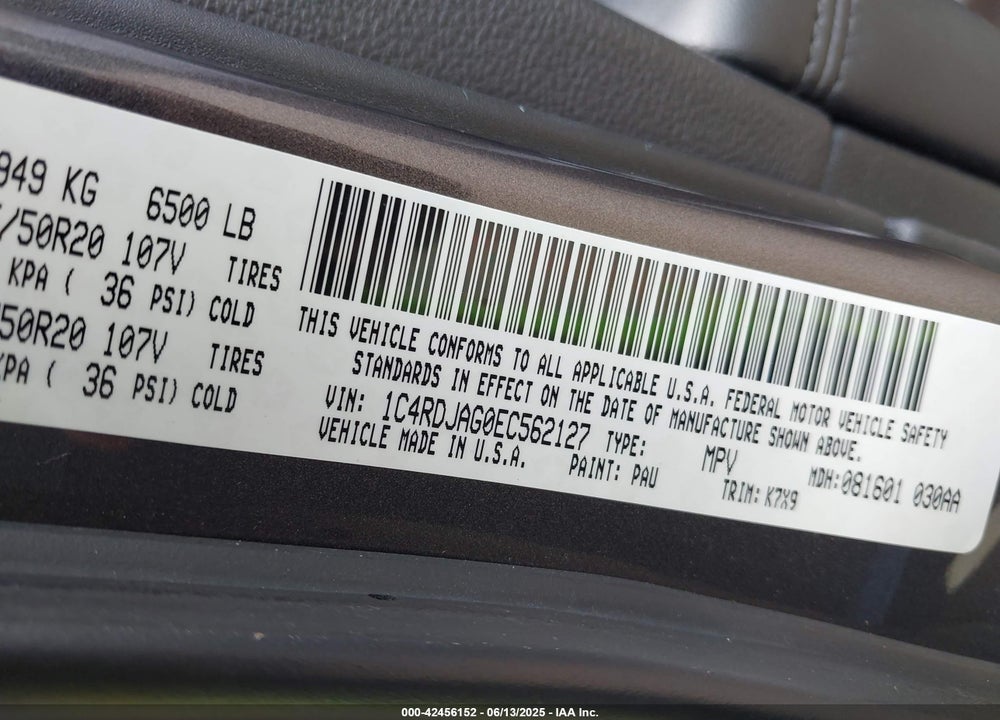 2014 DODGE DURANGO VIN: 1C4RDJAG0EC562127