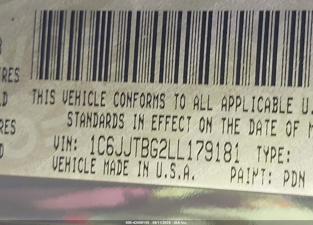 2020 JEEP GLADIATOR VIN: 1C6JJTBG2LL179181