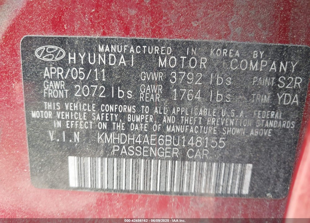 2011 HYUNDAI ELANTRA VIN: KMHDH4AE6BU148155