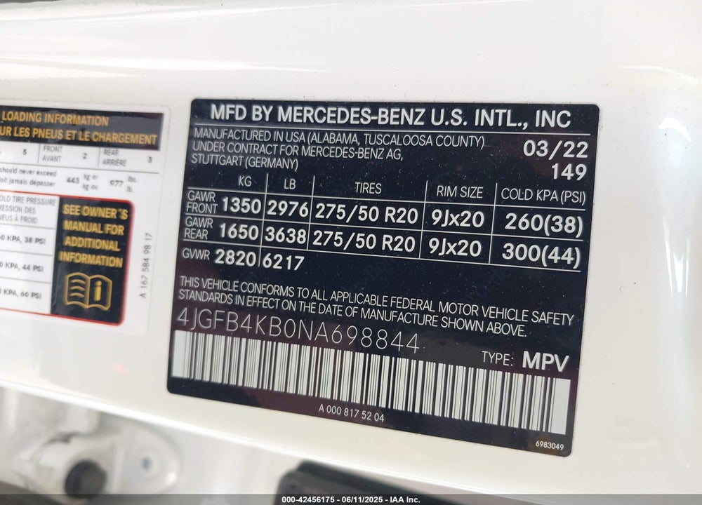2022 MERCEDES-BENZ GLE CLASS VIN: 4JGFB4KB0NA698844